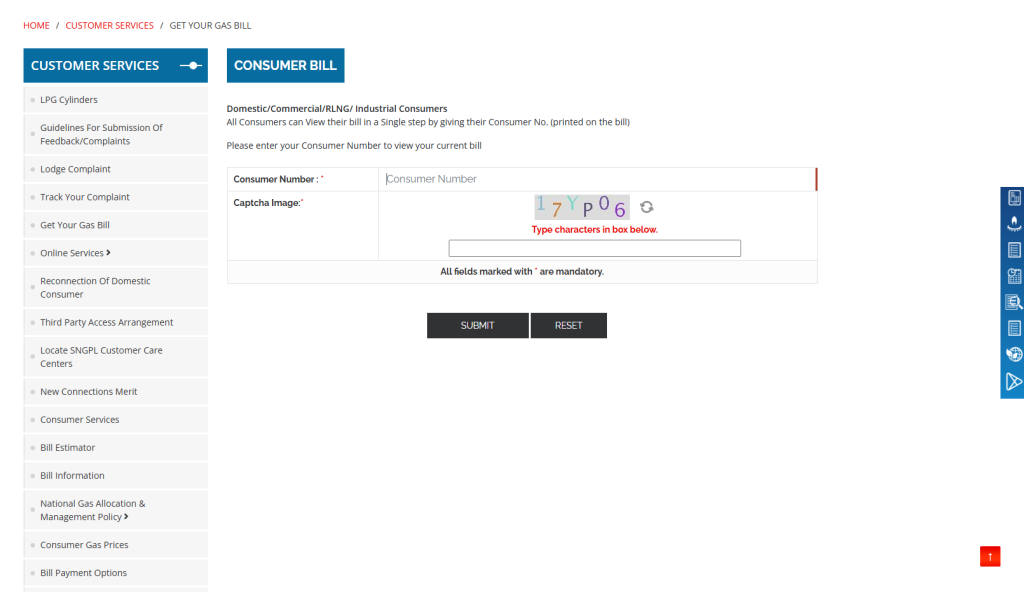 Enter SNGPL Consumer Number